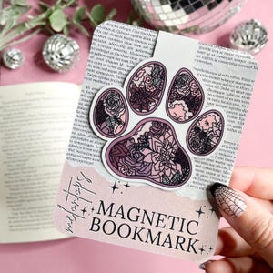 Floral Pawprint Magnetic Bookmark, Book Lover Gift, Dog Lover Gift, Double Sided Bookmark, Dog Mom Bookmark