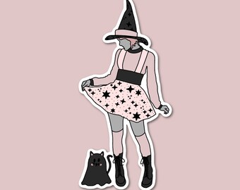 Cute Witch Sticker, Witchy Sticker, Pink Witch, Pastel Goth Sticker