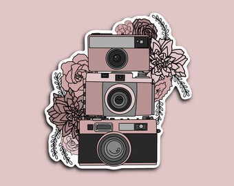May include: Three vintage cameras stacked on top of each other, surrounded by pink flowers. The cameras are all different sizes and shapes, and they have a retro look. The flowers are in bloom and have a delicate, feminine feel.