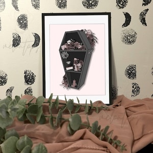 Coffin Bookshelf Art Print, Spooky Art, Digital Art Print, Witchy Art, Halloween Art Print