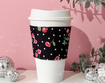 Koffiehoes van stof met kersen en stippen, omkeerbare herbruikbare koffiehouder