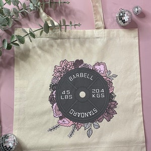 45lb Plate with Flowers Canvas Tote, Reusable Bag, Eco Friendly, Zero Waste, Lifting Gifts, Gym Bag, Powerlifting