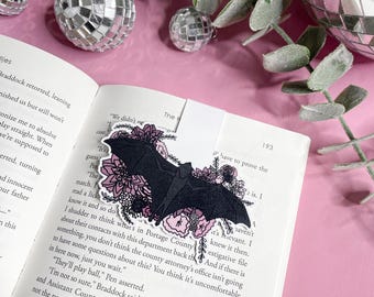 Flying Bat with Flowers Magnetic Bookmark, Book Lover Gift, Goth Gift, Spooky Bookmark, Bat Bookmark