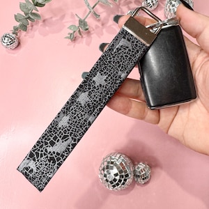 Silver Bats Wristlet Key Fob, Halloween Key Fob, Spooky Wristlet, Fabric Key Chain, Keyring Holder