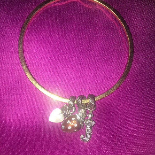 Juicy Couture Bangle Bracelet with 3 Dangles Heart, J and Strawberry