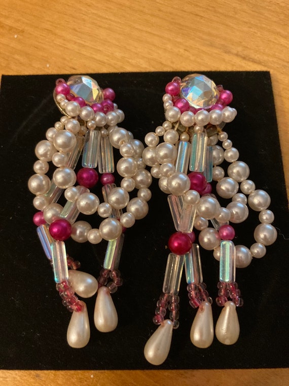 Massive 1980’s Beaded handmade 3inch Earrings - image 1