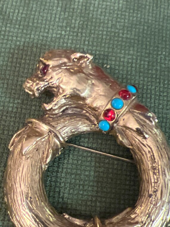 Vintage 1960’s Panther Design Brooch with Turquoi… - image 2
