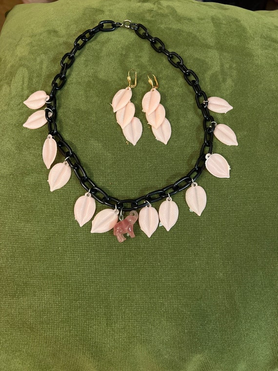 Vintage Celluloid Leaf Necklace and Earrings with… - image 1