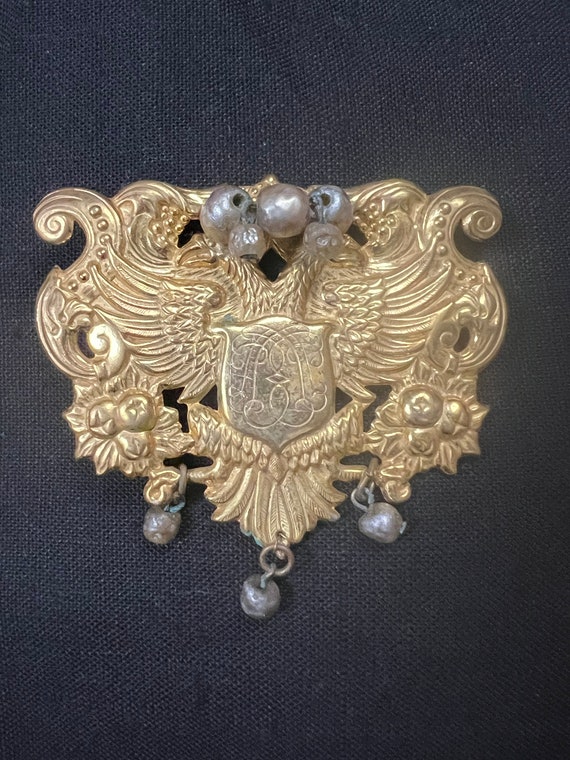 Large Miriam Haskell Shield Design Brooch with Ba… - image 2