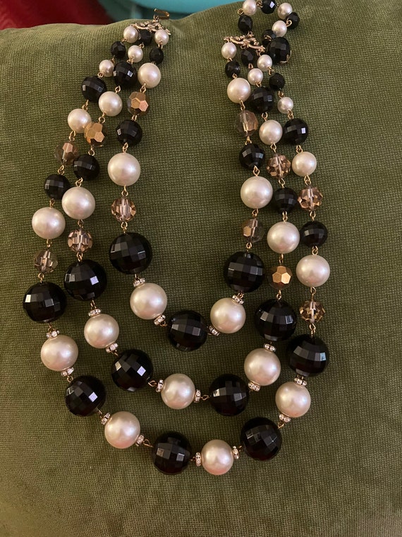 Large Faux Pearl Lucite and Crystal Triple Strand 