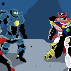 May include: A group of four cartoon robots against a dark blue background. The robots are in various poses, with one robot holding a sword. The robots are all different colours, including red, blue, yellow, and white.