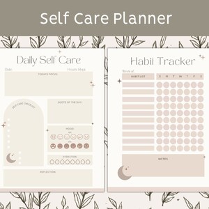 May include: A printable self-care planner with a daily self-care checklist, habit tracker, and space for notes. The planner features a beige background with a moon and stars design.