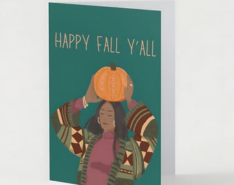 Happy Fall Y'all - Illustrated Fall Thanksgiving Cards, Single or Set of 6 Fall Cards with Envelopes and Seals, Size A7 Card and Envelope