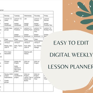 May include: A weekly lesson planner template with a light gray background and black text. The planner is divided into seven days of the week, with each day having a column for subject, period, time, and activities. The planner includes a section for each subject, including science, math, French, lunch, art, social studies, and music.