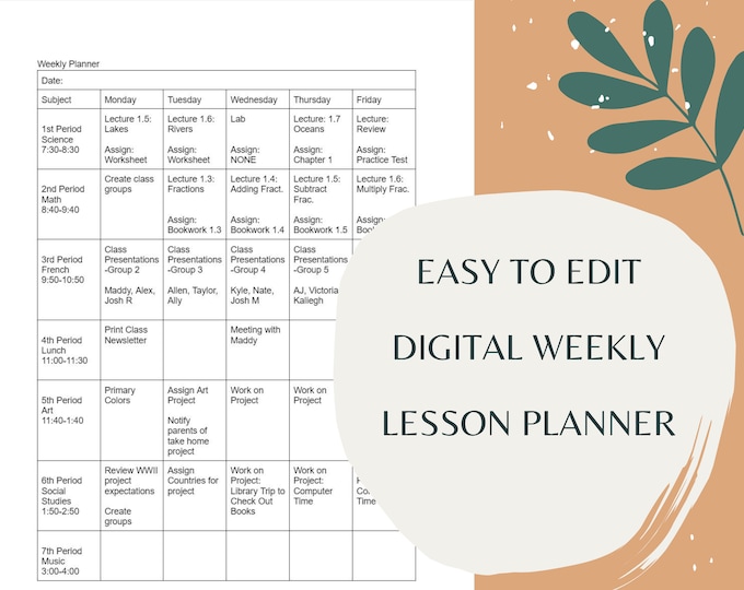 Digital Lesson Planner, Editable Lesson Plan Template, Google Doc Template Weekly Lesson Planner, Printable Planner, Printable Worksheet