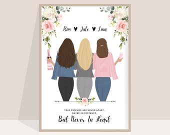 Gift Best Friend, Mother's Day Gift, Mom, Portrait of three friends drawing, Best Friend Birthday Gift Personalized
