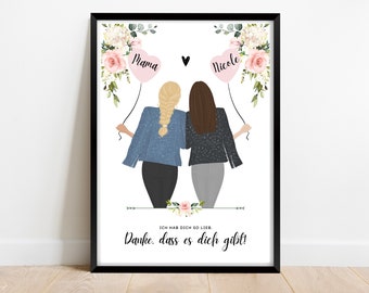 Personalized birthday card for mom, mother daughter picture, mother daughter drawing, personalized gift for mom, print