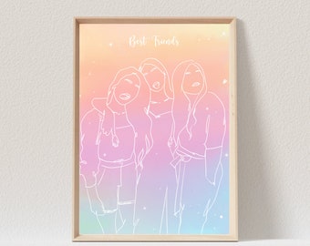 Beste Freundin Geschenk, Personalisiertes Geschenk Freundin, Geburtstagsgeschenk, One Line, Linienzeichung, Freundin Bild Zeichnung Freundin