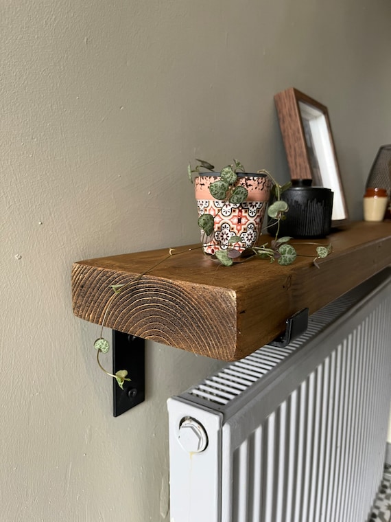 Rustic Chunky Wood Wall Shelf with brackets | Radiator Cover | Shelf with steel brackets | Handmade in UK | 15cm deep 4.5 cm thick