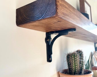 Rustic Solid Narrow Wood Wall Shelf With Cast Iron Metal Brackets