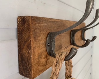 Rustic Wood Coat Rack | Coat hanger | Hallway storage | Boat room hooks | Wooden coat rack with cast iron hooks