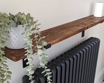 Solid wood radiator shelf with brackets | Rustic reclaimed wood | 15 cm deep | Slim wall shelf | Custom sizes