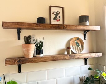 Rustic Solid Narrow Wood Wall Shelf With Cast Iron Metal Brackets
