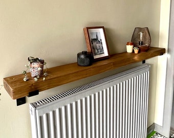 Rustic Chunky Wood Wall Shelf with metal brackets | Radiator Shelf | Shelf with brackets | Handmade in UK | 4.5cm thick