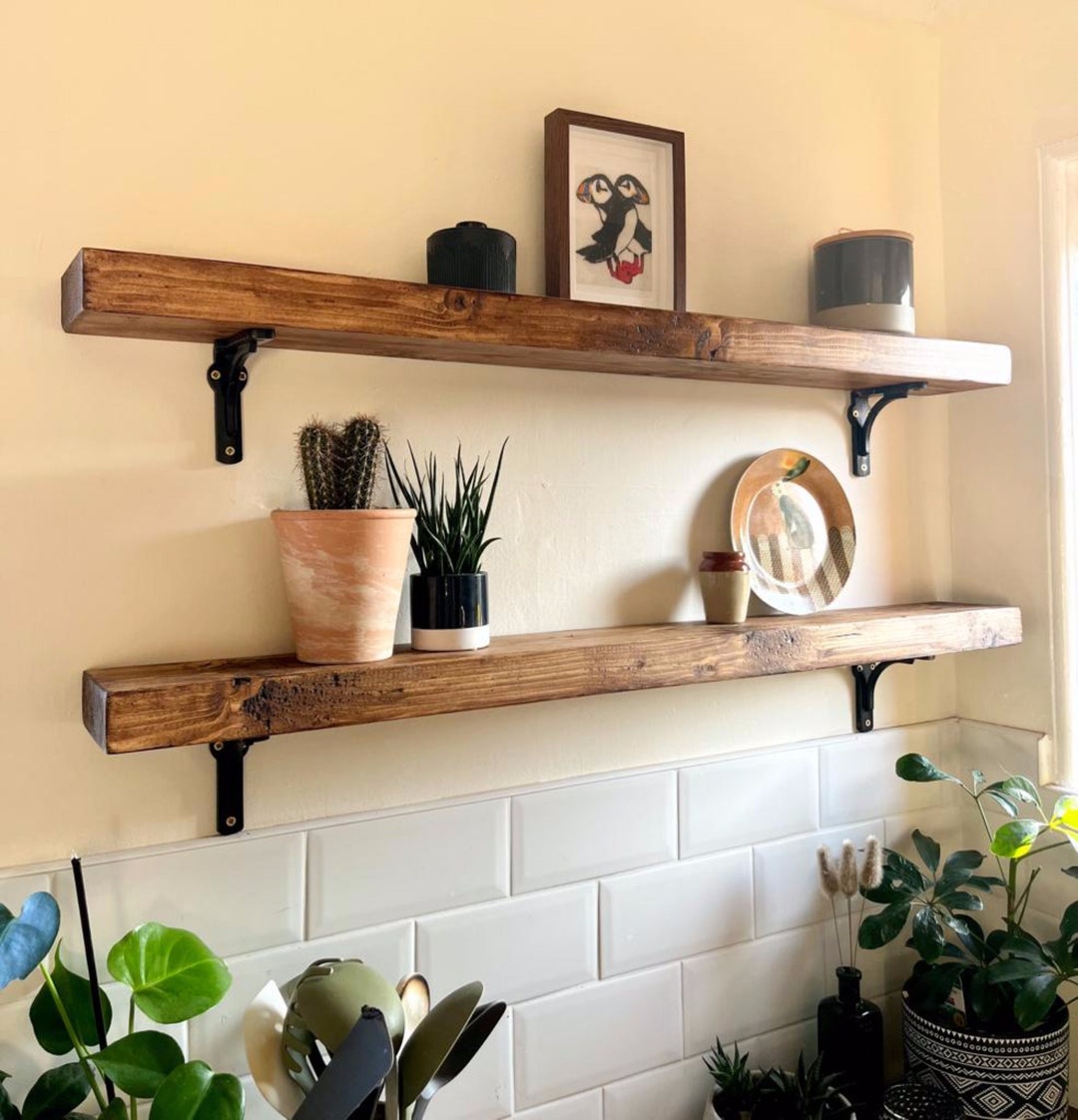 Rustic Solid Narrow Wood Wall Shelf With Cast Iron Metal Brackets