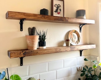 Rustic Solid Narrow Wood wall Shelf with Cast Iron Metal Brackets | Chunky narrow wooden shelf | 11.5 cm deep x 4.5 cm thick