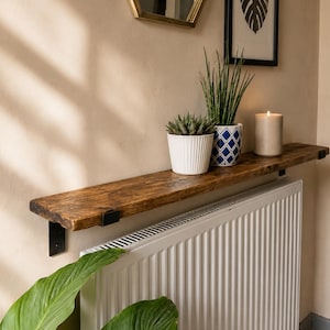 Solid Wood Radiator Shelf with Cast Iron Brackets | Handmade Reclaimed Wood Shelf | Custom Sizes | Rustic shelf