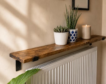 Solid Wood Radiator Shelf with Cast Iron Brackets | Handmade Reclaimed Wood Shelf | Custom Sizes | Rustic shelf