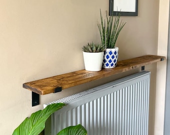 Solid wood radiator shelf with brackets | Rustic narrow shelf for hallway | 15 cm deep | Slim wall shelf