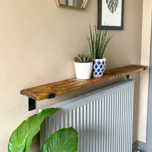 Solid wood radiator shelf with brackets | Rustic narrow shelf for hallway | 15 cm deep | Slim wall shelf