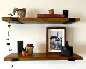 Rustic style solid wood shelf with metal black brackets | Rustic narrow shelf | 14.5cm deep | Slim wall shelf | Free delivery