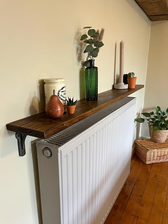 Rustic solid wood radiator shelf with cast iron brackets | Rustic Hallway Shelf | 15 cm deep shelf | Rustic wall shelf with vintage bracket