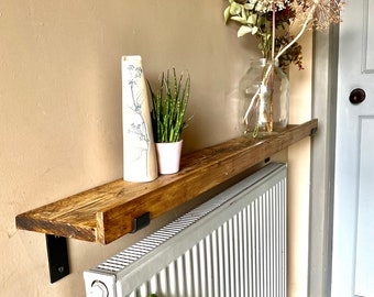 Rustic Wall Shelf with Brackets | Picture Rail | Solid Wood Radiator Shelf with lip front | 2 cm Thick 16 cm Deep