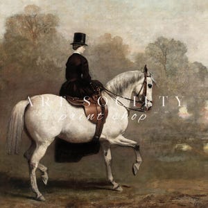 馬に乗った優雅な女性、アンティークの馬術画、白馬に乗るヴィンテージの女性、動物アート、馬の版画、即時ダウンロード、P12