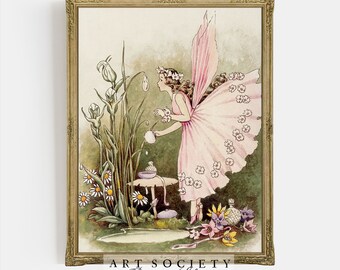 Pink Fairy, Vintage Nursery Watercolour, Fantasy Fairyland Wall Decor, Nostalgic Art for Girl’s Room, Art Deco Fairy, PRINTABLE, N9