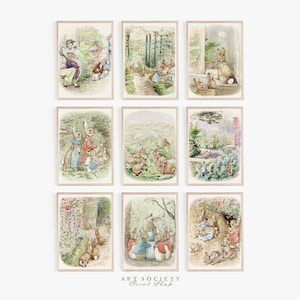 Op de afbeelding: Een collectie van negen rechthoekige wandkunstprints met aquarelillustraties van antropomorfe konijnen in diverse tuin- en interieursettings, met zachte pasteltinten, groen en gedetailleerde kledingstukken op de figuren.