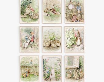 Beatrix Potter Drucke, Set von 9, Vintage Peter Rabbit Kunst, Digital Download, N36