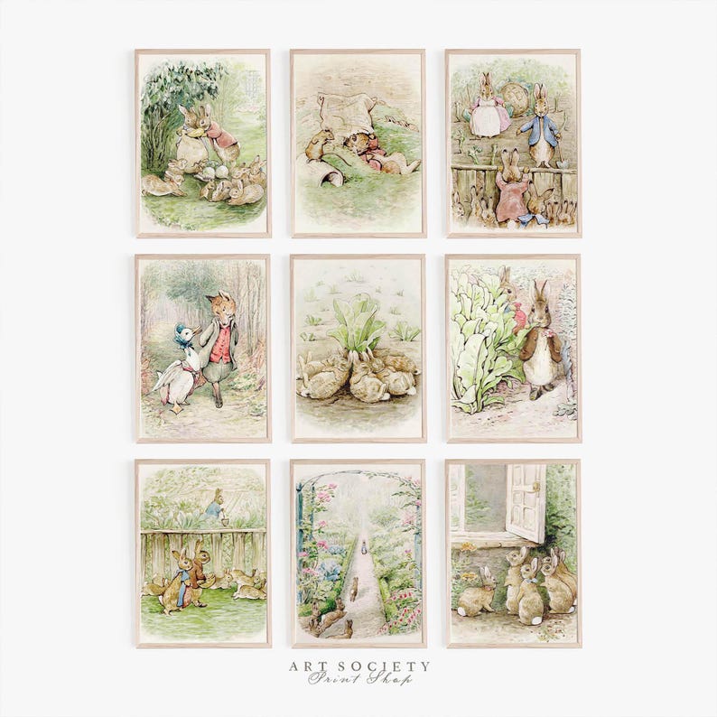 Beatrix Potter Prints, Set of 9, Vintage Peter Rabbit Art, Digital Download, N36 image 1