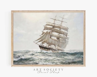 Cuadro antiguo de un gran velero, lámina de arte de paisaje marino, descarga digital, M2