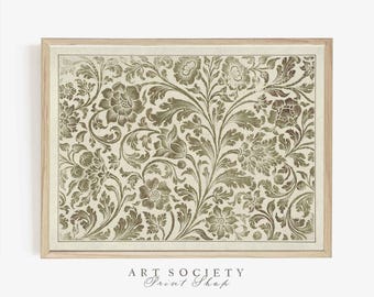 Vintage Floral Tapestry Print: Botanical Green Textile Art, Digital Download, V15