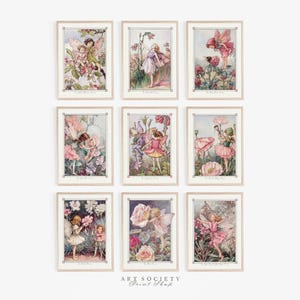 May include: Nine framed art prints featuring vintage illustrations of fairies in a garden setting. The artwork showcases fairies with colorful wings, surrounded by flowers and foliage, in a whimsical style.