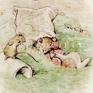 May include: Watercolor illustration featuring a rabbit in a pink dress and a mouse in a grassy field. The rabbit is lying down, and the mouse is standing. The image has the text "ARTS SOCIETY print shop".