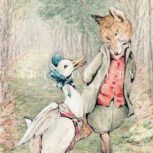 May include: Watercolor illustration featuring a fox and a goose in a forest setting. The fox is dressed in a waistcoat and coat, while the goose wears a bonnet and bow. The image has text that reads "ART SOCIETY print shop".
