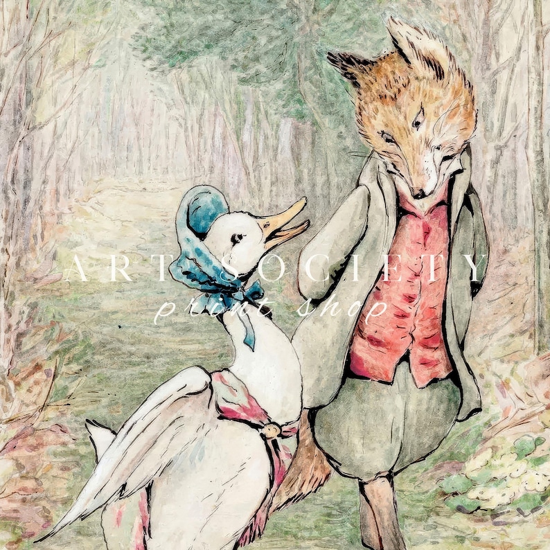 May include: Watercolor illustration featuring a fox and a goose in a forest setting. The fox is dressed in a waistcoat and coat, while the goose wears a bonnet and bow. The image has text that reads "ART SOCIETY print shop".