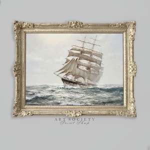 Tall Ship Painting, Vintage Sailing Ship Print, Seascape Wall Decor, Maritime Oil on Canvas, Antique Nautical PRINTABLE, Sea Art, M2
