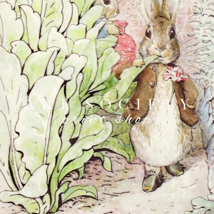 May include: Watercolor illustration featuring three rabbits in a garden setting. One rabbit wears a brown jacket and holds a flower. The image includes lush green foliage and the text "ART SOCIETY print shop".